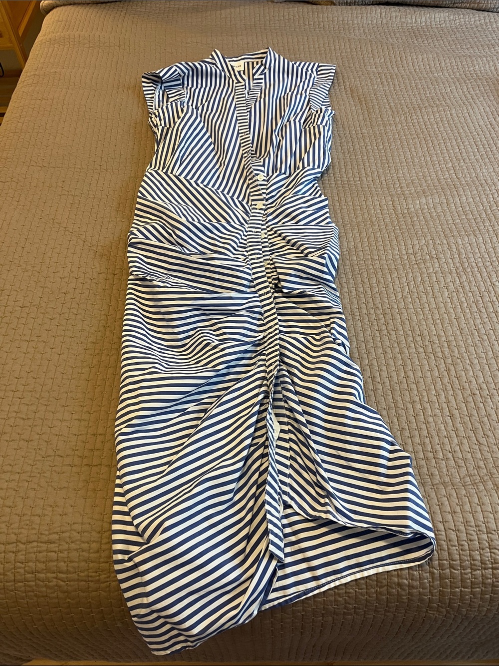 Sugar Lips Striped Blue and White Ruched Midi Dress